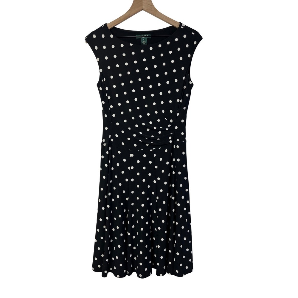 Lauren Ralph Lauren Black Polka Dot Sleeveless Ruched Sheath Dress